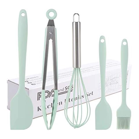 Kitchen Utensil Set, 5 Pieces, Spatula, Foam, Spaghetti Spoon, Soup Ladle, Potato Masher, Whisk, High Quality Silicone Cover