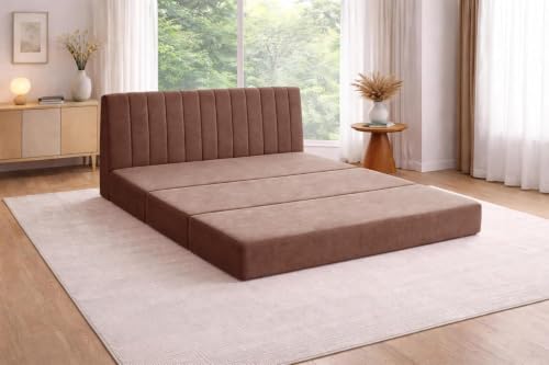 Image of Rosebell -3 Seater Upholstered Armless Sofa Cum Bed with Backrest | Velvet Fabric Finish | Modern Living Room & Bedroom -Brown