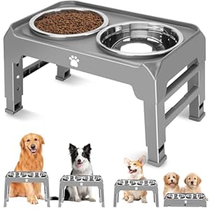 Elevated raised dog bowl stand with 2 stainless steel bowls adjustable height for medium large dogs 1236 37 foldable feeder grey  urban country home decor