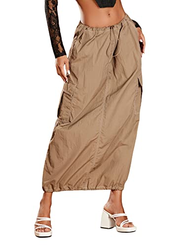 Verdusa Women's Drawstring Waist Maxi Cargo Skirt With Pocket Khaki L #TOP24