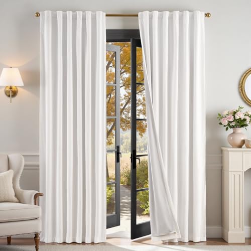 Image of Blackout White Velvet Curtains Neutral Back Tab 52x90 Inch 2 Panels | Soft, Light Filtering, For Bedroom & Living Room, Light Shifting Texture, Elegant Drape, Fresh Ambiance, Smooth Glide