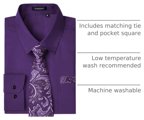 Image of HISDERN Mens Dress Shirt with Tie Pocket Square Set Classic Button Down Shirt Matching Tie Long Sleeve Shirts