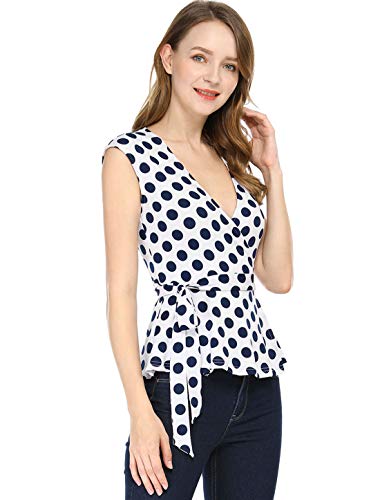 Allegra K Women's Chrismas Sleeveless Elegant V Neck Self Tie Front Polka Dots Wrap Top3