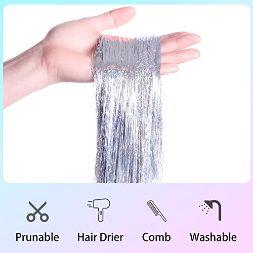 HAUTOCO Hair Tinsel Kit, 2800 Strands 47 Inch Glitter Silver Tinsel Hair Extensions with Tools Fairy Hair Tinsel Kit, Heat Resistant Hair Tinsel for Cosplay Christmas New Year Party