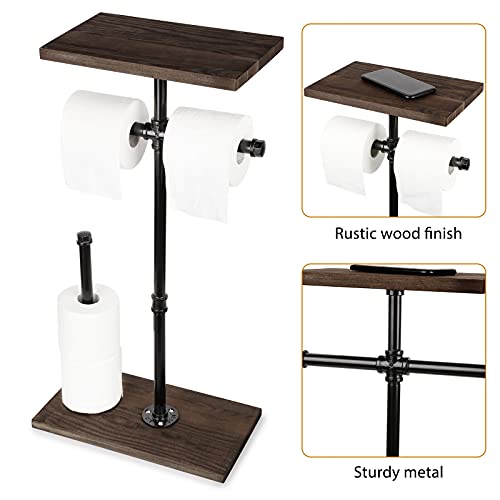 Freestanding Toilet Paper Holder Industrial Tissue Paper Holder Stand With Wood Shelf And Double Wrought Iron Pipe Floor Toilte Paper Roll Dispenser Reserve For Farmhouse Bathroom Washroom #TOP3
