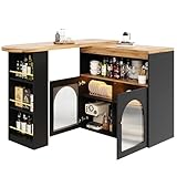 OCACA Moderner ausziehbarer Bartisch, drehbarer Hochtisch mit Stauraum und Glasfront, K&uuml;cheninsel LED Lichtleiste, f&uuml;r K&uuml;che und Esszimmer,138&ndash;193cm(Black+MDF)