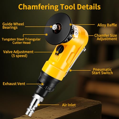 Image of Pneumatic Chamfering Tool, 30000 RPM Air Chamfer Tool with 6 Bearings & Complete Screw Kit for Deburring & Beveling, Includes 8 C & 6 R Blades, 45, 1 /4 inch Air Inlet for Metal, Wood, PVC, Acrylic