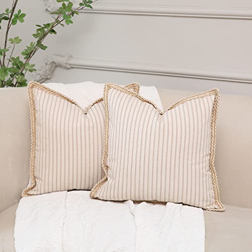 Hckot Farmhouse Decorative Throw Pillow Covers 18X18 Inch, Pack Of 2 Khaki And Beige Striped Linen Trimmed Edge Pillow Cases For Couch Sofa Chair Bedroom Modern Decor,Khaki #TOP1