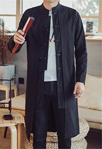 HZCX FASHION Men's Vintage Cotton Linen Stand Collar Frog-Button Trench Coats2