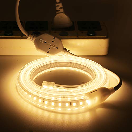 XUNATA LED Strip Lights, Upgraded Super Bright 20-22 LM/LED Tape Light Bulit-in Conductive Plate, 3000K Warm White AC110V 2835 120 LEDs/m Waterproof Rope Light for Home Indoor Outdoor(33ft/10m)