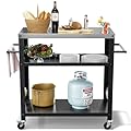 Nessxa Outdoor Grill Cart with Three-Shelf, Stainless Steel Pizza Oven Table for Outside, Dining Kitchen Cart with Two Side Handle, Garden Patio BBQ Kitchen Food Prep Table Cart (Black)