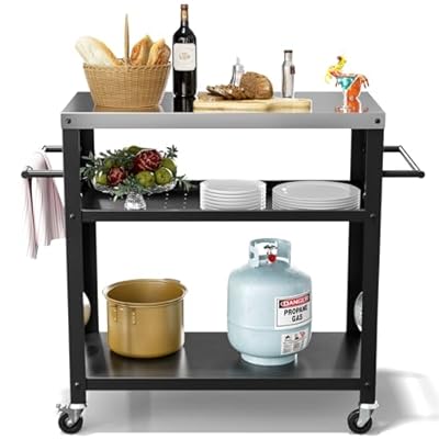 Nessxa Outdoor Grill Cart with Three-Shelf, Stainless Steel Pizza Oven Table for Outside, Dining Kitchen Cart with Two Side Handle, Garden Patio BBQ Kitchen Food Prep Table Cart (Black)