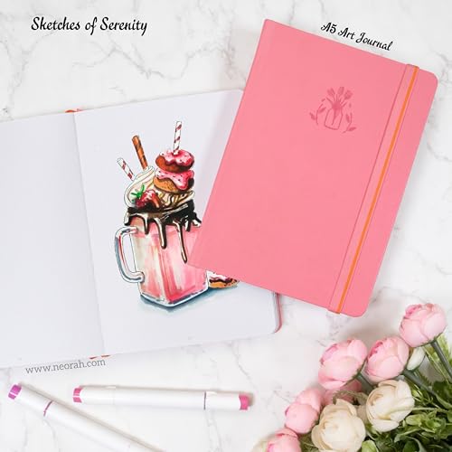 Image of NEORAH - A5 - ART JOURNAL | 200 Gsm Dotgrid Notebook | 160 Pages(21.0 x 14.8 cm)| Hard Cover| 3 Bookmarks | Elastic Closure|Back Pocket | Ideal - Bujo,Drawing & Painting, Junk Journal (Pink)