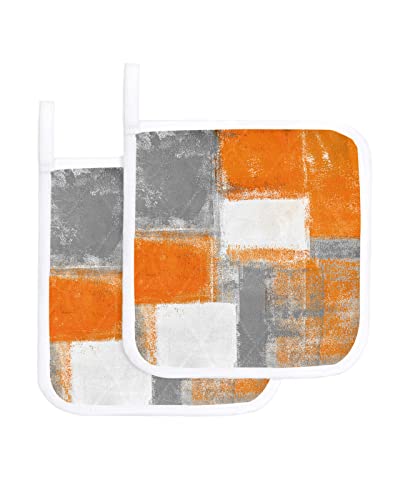 Carosoffe Burnt Orange Pot Holders Set Of 2 Heat Insulation, Grey Geometric Oil Painting Modern Hot Pads & Potholders For Kitchen, Color Block Abstract Art Oven Mitts For Baking Cooking Barbecue #TOP21