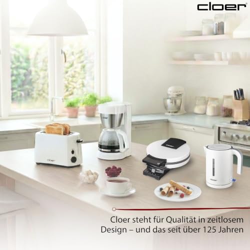 Foto von Cloer 281 Hörncheneisen für hauchdünne, knusprige Hörnchen, 15 cm Hörnchengröße, Hörnchenautomat mit Antihaftbeschichtung, stufenlosem Bräunungsgrad, Backampel & Signalton, weißes Metallgehäuse, 800 W