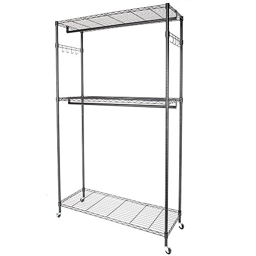 WEI WEI GLOBAL Double Rod Garment Rack, Rolling Clothes Organizer with Shelf, Side Hooks and Wheels (Black)-80" H