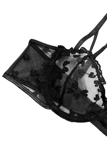 Image of Lilosy Sexy Underwire Cute Push Up Strappy Embroidered Mesh Sheer Lingerie Set See Through Panty Bra