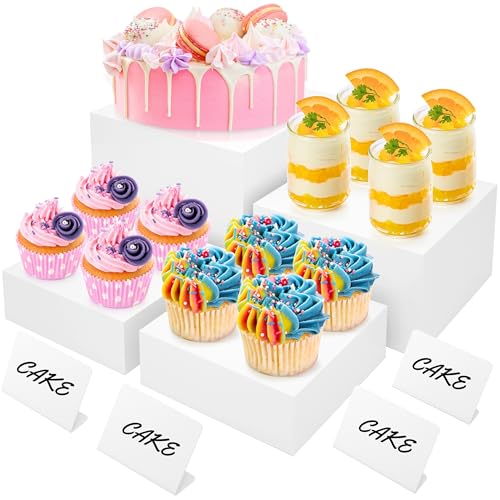 BreeziiDesign 8” White Buffet Risers with Mini Signs – Acrylic Display Box Stands for Party, Catering, Dessert, Cake, and Food Table Setup – Set of 4