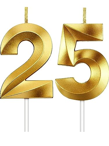 Image of Number 25 Cake Decoration Candles 3 inch for Birthday, Anniversary Celebration, Theme Party Decoration Gold (Number 25 or 52)