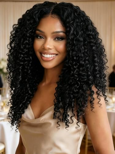 Image of KLAIYI 13X4 Pre Everything Burmese Curly Wig With Finger Coil Ends Put On and Go Spiral Curls Lace Front Human Hair Wigs Drawstring Glueless Precut Ear to Ear HD Lace Pre Plucked Bleached Knots 22Inch