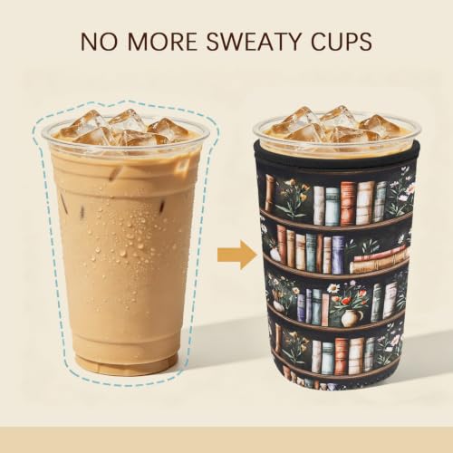 Image of Insulated Neoprene Cup Sleeve for Iced Coffee & Cold Soda - Reusable & Sweatproof, Keeps Drinks Cold Longer, Coffee Coolie for Hot & Iced Drinks (Bookshelf & Floral, Small: 16-18oz)