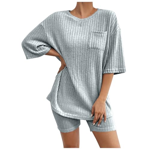 JiXiang Pajamas 2 Piece Lounge Sets Ribbed Knit Matching Outfits T-shirt Biker Shorts Sleepwear Loungewear Sweatsuits
