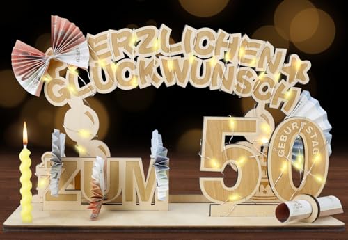 SALUOKE 50 Geburtstag Geldgeschenke mit LED Lichterkette, Geschenke zum 50. Geburtstag für Frau & Mann, Holz 50 Geburtstag Deko