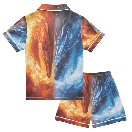 ALAZA Funny Blue Red Dragon Fire Water Satin Pajamas Set Short Sleeve Button Down Sleepwear Summer Pjs 2 Piece2