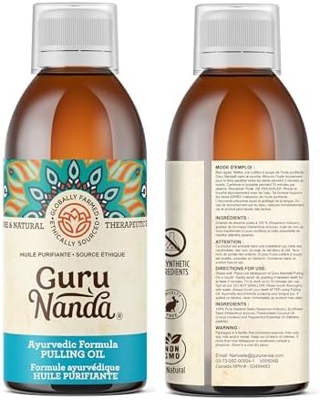 GuruNanda Original Oil Pulling with Tongue Scraper, Alcohol & Fluoride Free Mouthwash for Teeth & Gum Health & Fresh Breath (Unflavoured), (8.45 fl.oz x 3)