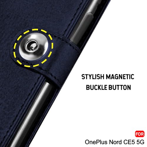 Image of TheGiftKart Genuine Leather Finish Flip Back Cover Case for OnePlus Nord CE 5 5G | Inbuilt Pockets & Stand | Wallet Style | Designer Button | Flip Back Cover for OnePlus Nord CE5 (Faux Leather, Blue)