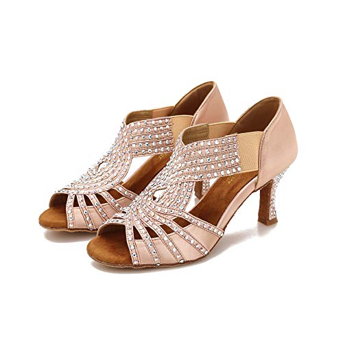 Ttdancewear Ballroom Dance Shoes Women Rhinestone Latin Salsa Dance Shoes Practice Low Heels 2.5" (8,Nude) #TOP2