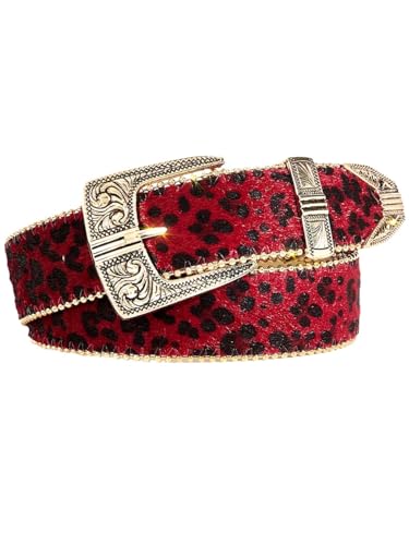 Bounzhi Women Leopard Print Belts for Pants Jeans Western Belt with Vintage Floral Carved Buckle
