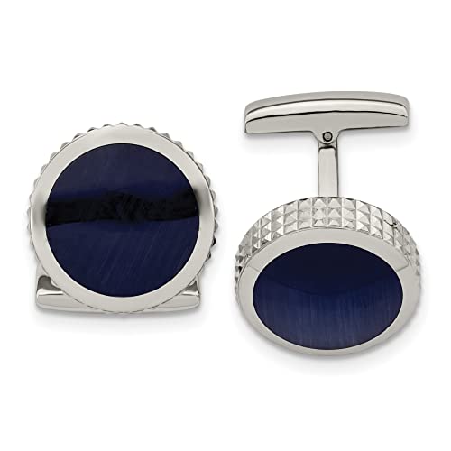 Avariah Chisel Stainless Steel Polished Blue Cat\'s Eye Textured Edge Circle Cufflinks