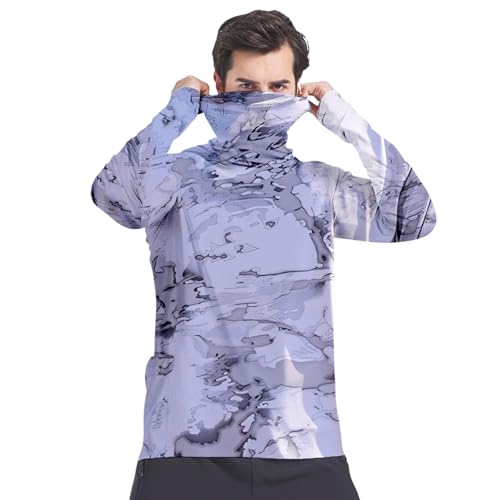 Mens Hooded Fishing Shirts with Face Mask Lightweight Sun Shirt Long Sleeve UPF 50+ Rash Guard Outdoor Active Hoodie