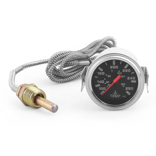Dyno Racing 2 52mm 12V Pointer Mechanical Water Temperature Temp Gauge (40-120 100-250) Yellow Light Car Meter with Sensor NPT 1/2 1.8m Wire Length