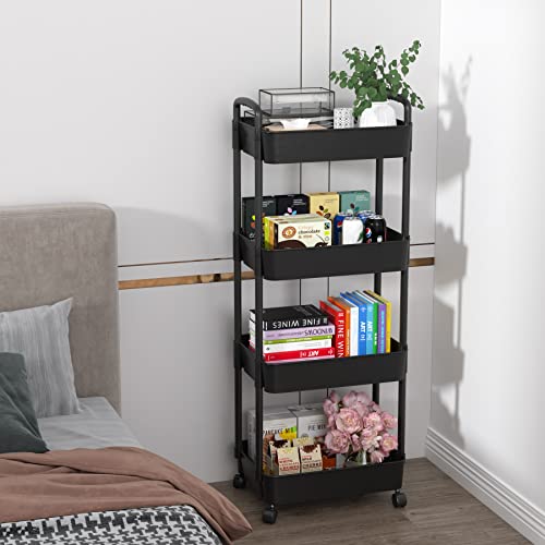Foto von Sywhitta 4-Schicht Kunststoff Rollwagen, Multifunktions-Aufbewahrungswagen, Büro, Wohnzimmer, Küche, Mobile Aufbewahrungsbox mit Rädern, Schwarz