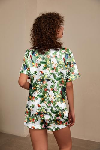 Image of Ekouaer Silk Pajamas for Women Satin Pajama Set 2 Piece Short Sleeve Pjs Sets Soft Summer Sleepwear with Pockets, Green leaves, S