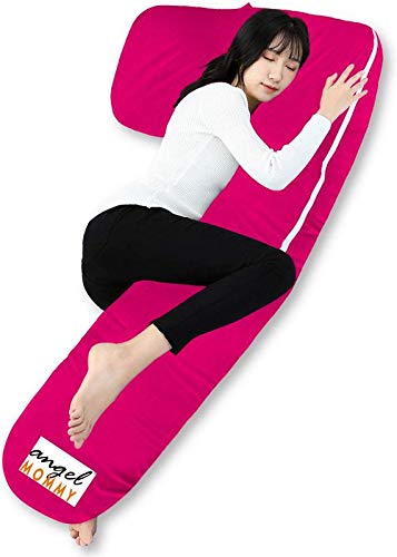 Angel Mommy Pregnancy Body Pillow with Cotton Zippered Cover, L Shaped Full Body Pillow for Pregnant Women (Dark Pink)