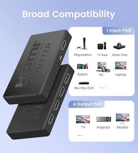 Image of avedio links 4K HDMI Splitter 1 in 4 Out with Hdmi 2.0 Cable, HDMI Video Distributor 1X4 Mirror Duplicate 1 Source to 4 Displays (Only Mirror, Not for Extended), Support 1080P@60Hz, 3D, PS5, HDTV