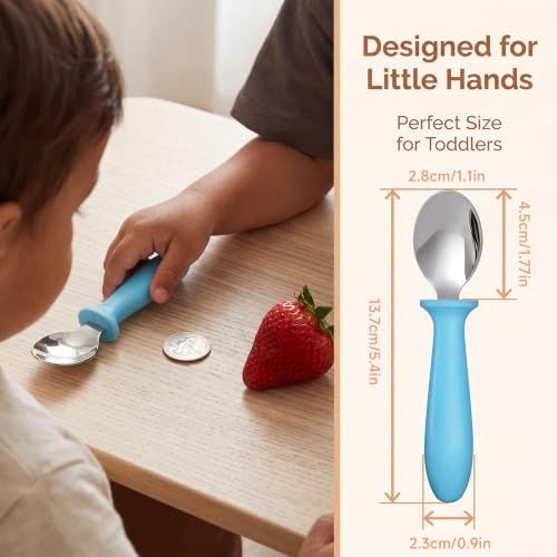 Image of Pimoys 6 Pieces Toddler Utensils Forks and Spoons Kids Silverware Set Stainless Steel Toddler Silverware - Plastic Handle for Self-Feeding Training Daily Meals and Travel Use Dishwasher Safe