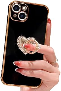 Teageo for iPhone 13 Case with Diamond Ring Holder, Girly Cute Glitter Heart Design Rotatable Finger Holder Stand Phone Cases Shockproof Plating Bumper Soft Silicone Back Cover, Black