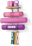 Bikoney Yoga Mat Holder Wall Mount Yoga Mat Storage Home Gym Accessories with Wood Floating Shelf and 4 Hooks for Hanging Foam Roller and Resistance Bands Fitness Home Gym