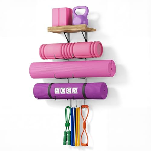 Bikoney Yoga Mat Holder Wall Mount Yoga Mat Storage Home Gym Accessories with Wood Floating Shelves and 4 Hooks for Hanging Foam Roller and Resistance Bands Fitness Home Gym Carbonized Black