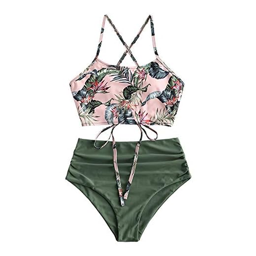 ZAFUL Damen Zweiteiliger Bikinis, gepolsterter Badeanzug mit Blattdruck Schnür-Tankini Oberteil hochtaillierte Shorts gemischter Badeanzug (Blätter-Grün, S)