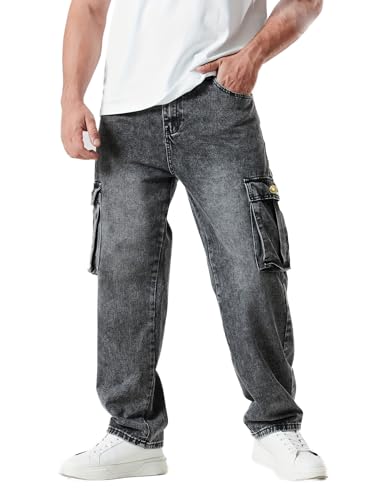 Men’s Slim Fit Cargo Jeans – Straight Leg Streetwear Denim Pants with Flap Pockets, Multipocket Workwear Style
