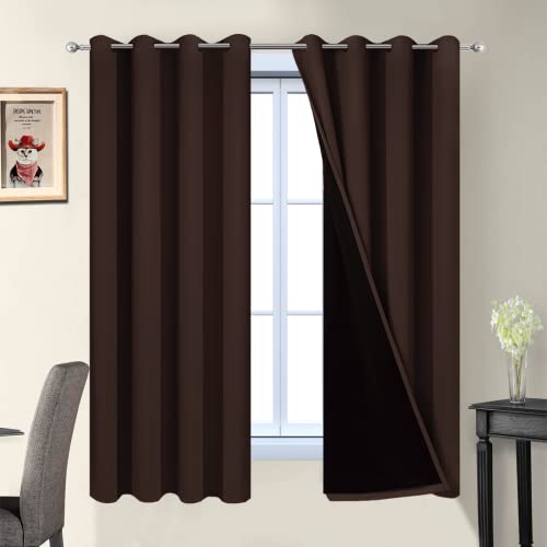Image of Yakamok Chocolate Brown Blackout Curtains 63 Inches Long 52 inch Wide, 2 Panels | Blackout Curtain Panels for Bedroom, 2 Thick Layers Grommet Top Thermal Insulated Drapes with Black Liner for Living Room