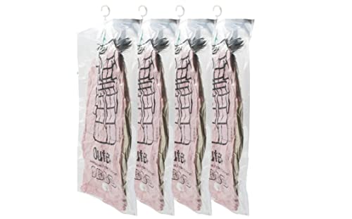 FOUTP Lot de 4PCS Epaissie Housse de Rangement sous Vide Suspendu Economiseur d'Espace Sacs de Stockage avec Crochet Sacs de Rangement sous Vide pour Robe Costumes Vêtement (M)