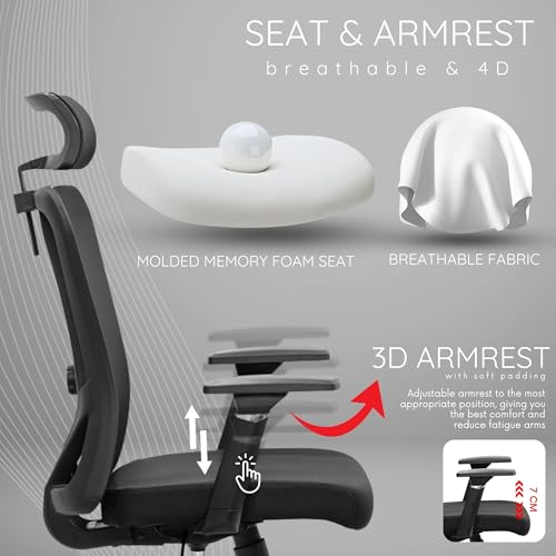 Image of Savvy Ergonomic Office Chair for Work | Multi-Lock Synchro Tilt Mechanism | 4 Year Warranty | 3D Armrest | Adjustable Lumbar | Black (Savvy, Black - 3D Arms, Seat Slider)
