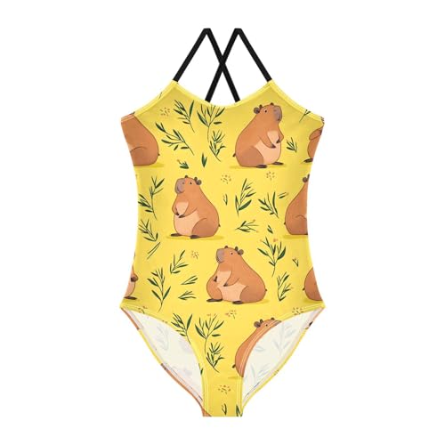 Bolaz Girls Swimsuits One-Piece Bathing Suits Multicolor Kids Sport Summer Beach Swimwear for 3-10 Years Old-Cartoon Capybaras Grass