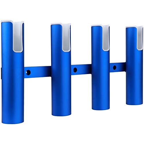 Wall-Mounted Aluminium Fishing Rod Holders, Blue 4 Tubes Linked Fishing Rod Rack, Holds 4 Rods, Surf...